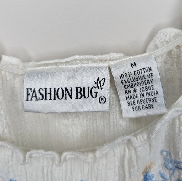 Fashion Bug White Textured Embroidered Blue Floral Neckline Women Medium - Picture 5 of 7